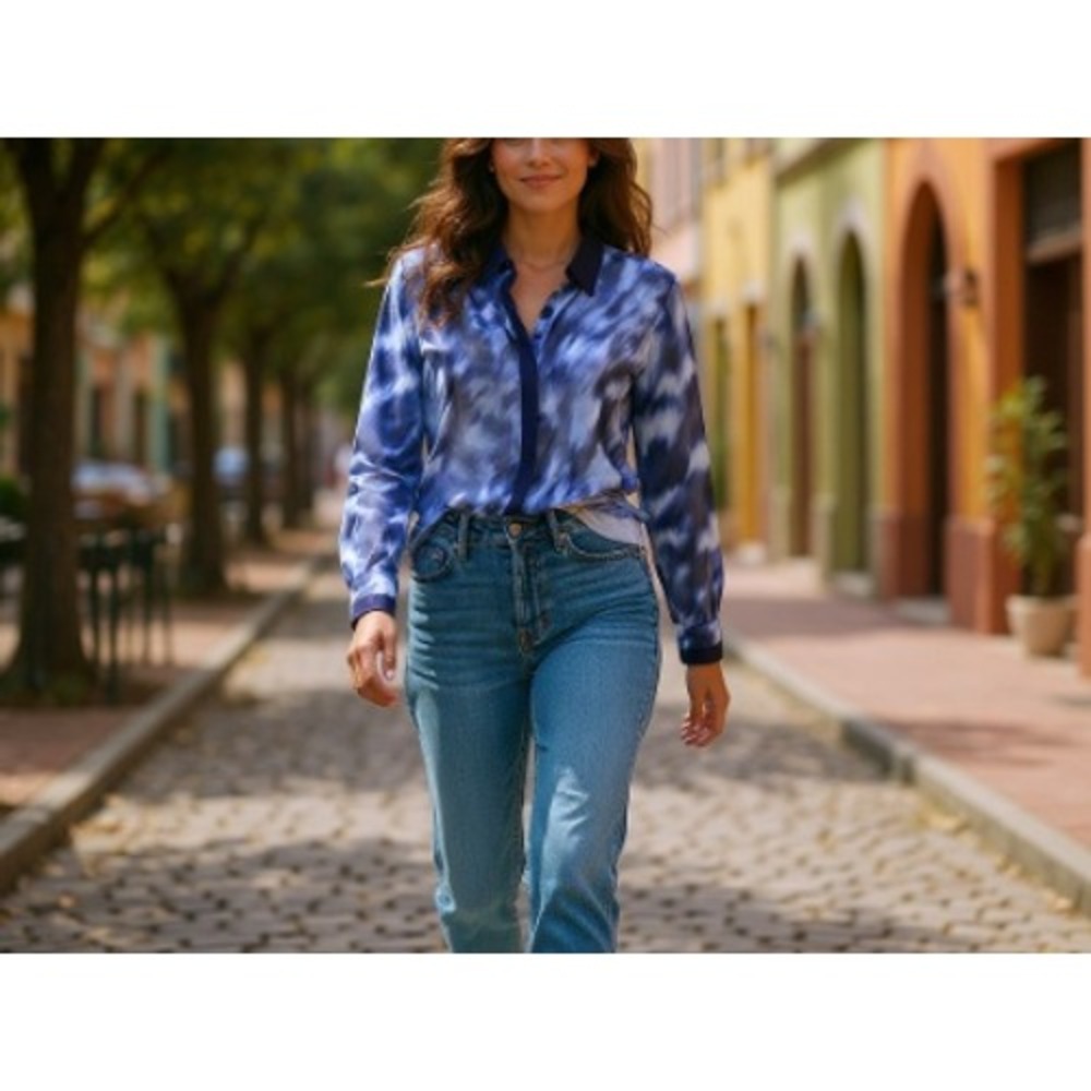 Tahari Blue Abstract Brushstroke Sheer Chiffon Blouse Women Large Career Work